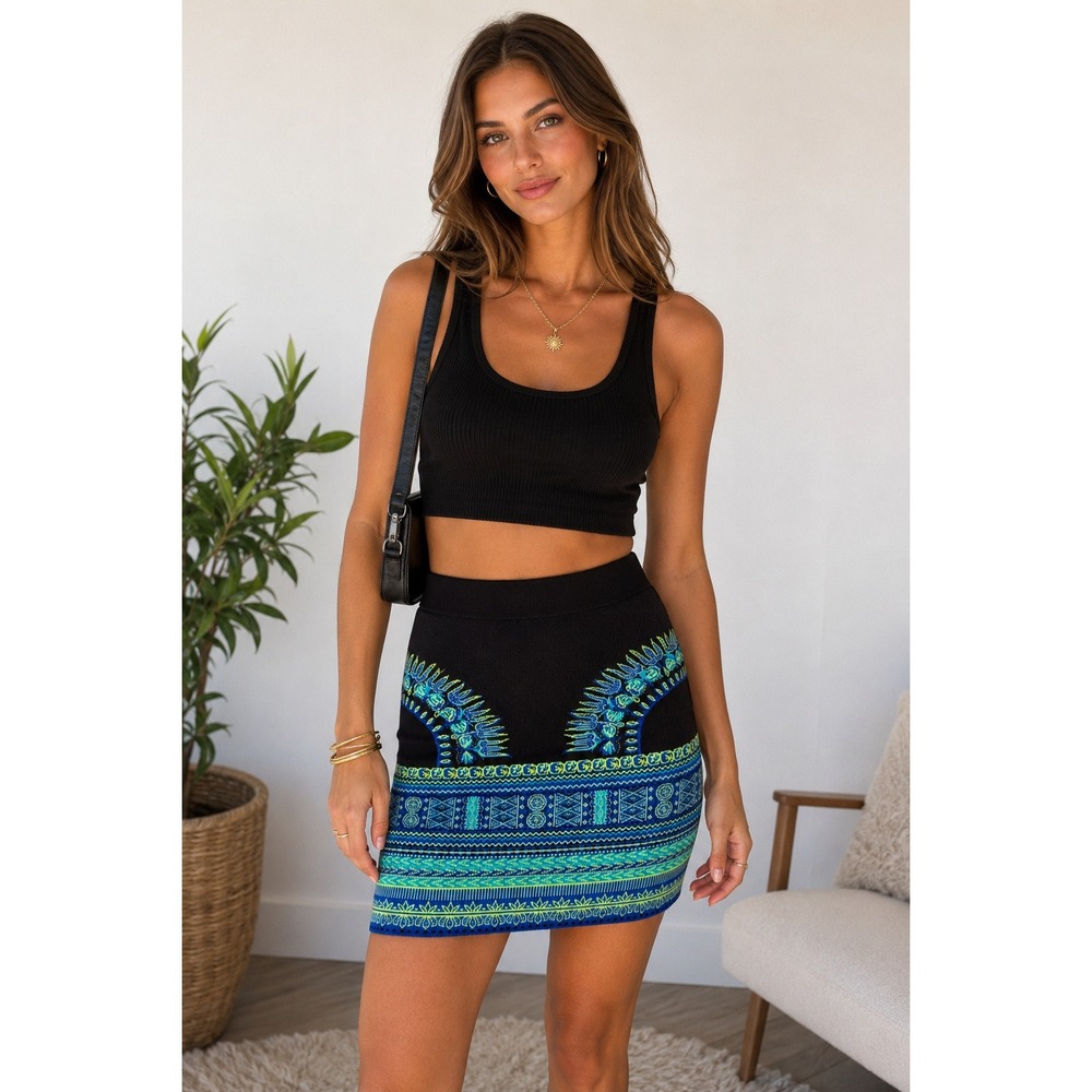 BCBGMAXAZRIA Bodycon Bandage Sweater Skirt Blue Tribal Aztec XS
